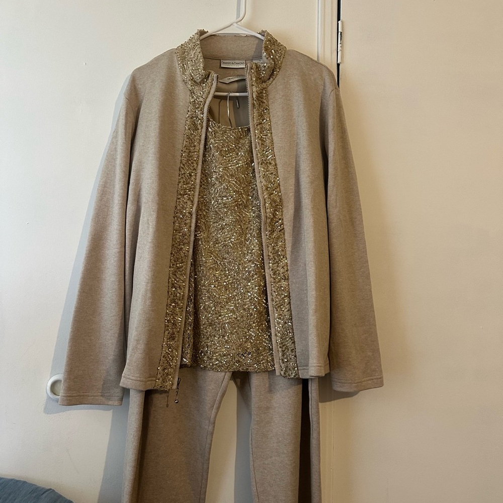 Beaded Trim Beige Jacket Set with Metallic Tank